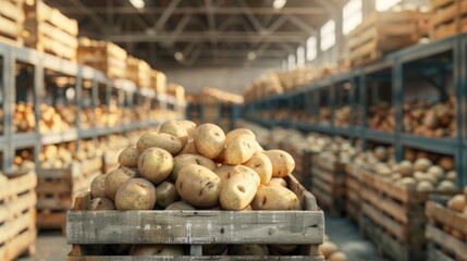 A brimming wooden container showcasing a plentiful harvest of potatoes in a large storage facility