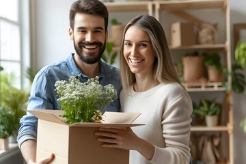Joyful Homestead: Happy Busy Couple of Homeowners Unpacking Cardboard Boxes, Infusing Their New Abode with Excitement and Warmth