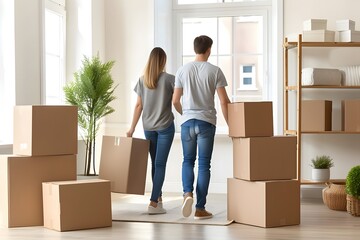 Nesting Bliss: Smiling Couple of Homeowners Busy Unpacking Cardboard Boxes, Creating Moments of Joy and Connection in Their New Dwelling