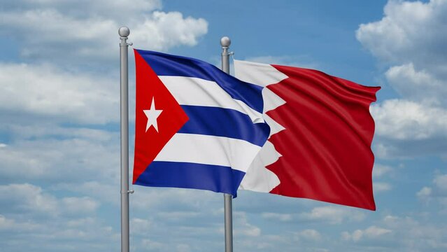 Bahrain and Cuba two flags waving together, looped video, two country relations concept