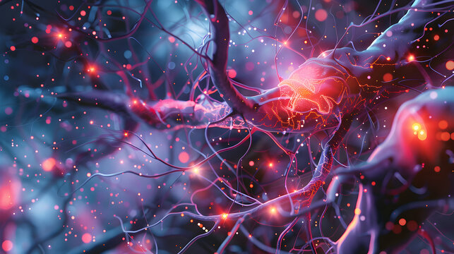  Network of rat brain neurons, stylized as an electric circuit where each neuron fires pulses of light, illustrating the electrical nature of brain activity.
