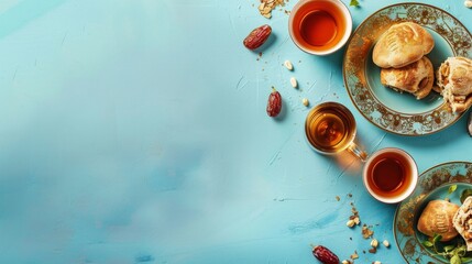 Turkish Ramazan concept with pita, tea and date, over blue background with copy space.  - obrazy, fototapety, plakaty