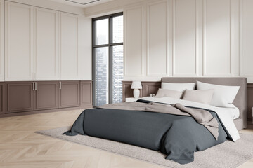 White and brown master bedroom interior - obrazy, fototapety, plakaty
