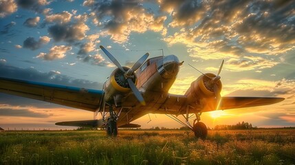 photos of an old airplane on green grass and sunset background - obrazy, fototapety, plakaty