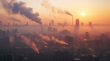 A polluted urban skyline with smog-filled skies and factories emitting toxic fumes, highlighting the environmental challenges faced by cities - obrazy, fototapety, plakaty