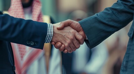 This image captures the strong handshake of two businessmen in suits, symbolizing partnership and agreement