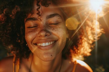 Close-up portrait of a happy young woman with freckles and curly hair, basking in the sunlight - obrazy, fototapety, plakaty