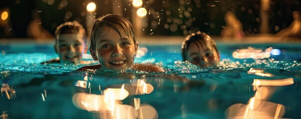 children playing and swimming in the warm light of an indoor pool