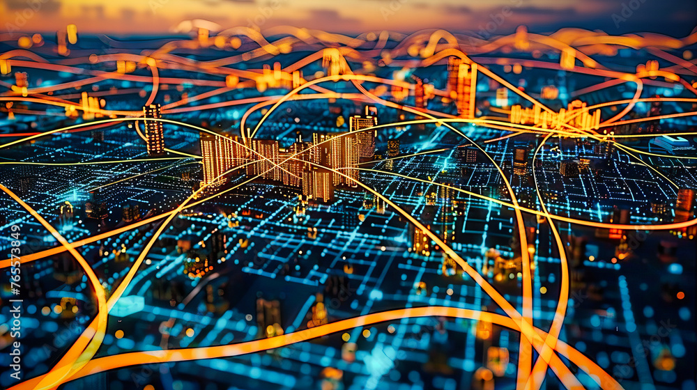 Poster digital cityscape highlighting business technology and networking connectivity, with a modern skylin