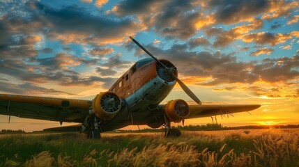 photos of an old airplane on green grass and sunset background - obrazy, fototapety, plakaty