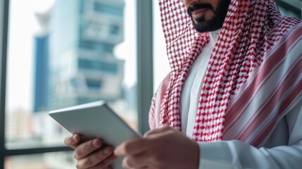 A well-dressed Arab businessman in traditional attire holds a tablet, contemplating the business ventures against a backdrop of city architecture - obrazy, fototapety, plakaty