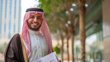 Fototapeta premium Young and happy Arab man in traditional dress holding documents, posing in a city environment with subtle greenery