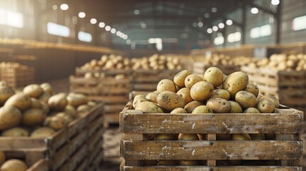 Crates filled with freshly harvested potatoes in a rustic, dimly lit storage house, ready for distribution - obrazy, fototapety, plakaty