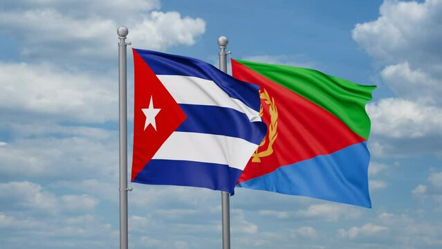 Eritrea and Cuba two flags waving together, looped video, two country cooperation concept