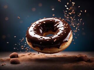 Glazed chocolate doughnut with toppings, floating in the air, cinematic food dessert photography 