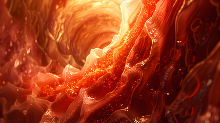 Inside the human stomach, showing the rippling texture of the stomach lining, bathed in a warm, reddish glow. The scene captures the motion of gastric fluids and partially digested food. - obrazy, fototapety, plakaty