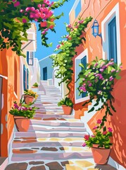Fototapeta na wymiar A detailed painting showing a street lined with colorful flowers and various potted plants