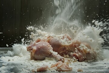 View of chicken thigh flour splatter 