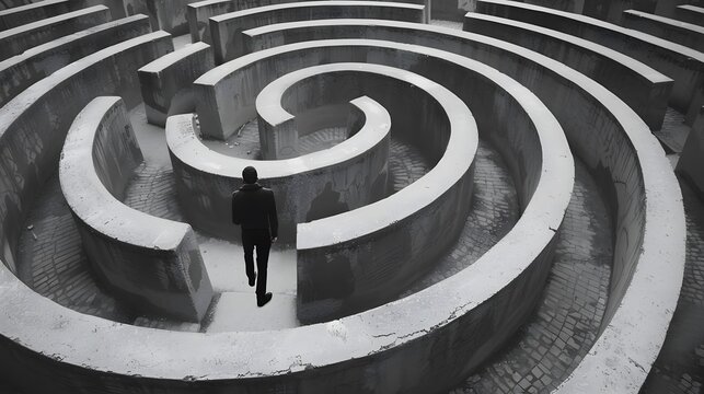 Man Navigating Through Complex Concrete Labyrinth