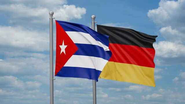Germany and Cuba two flags waving together, looped video, two country relations concept