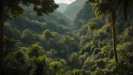 Gordijnen tropical forest in the jungle, tropical jungle with tropical green trees, green tropical landscape © Gegham