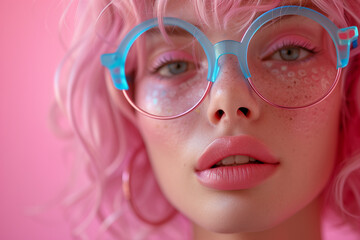 Woman with Pink Hair and Blue Glasses