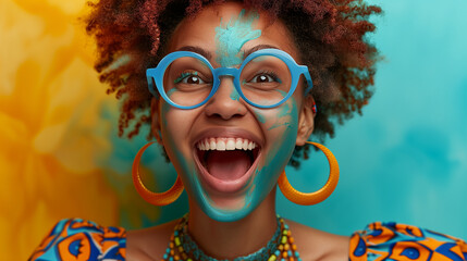 Joyful Woman with Painted Face and Blue Glasses