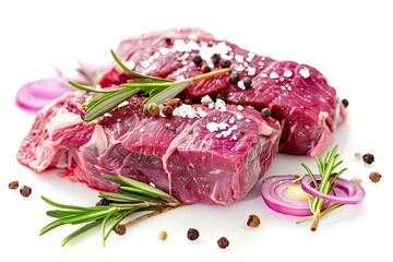  Raw Fresh Meat Beef Steak, Seasonings With Salt, Pepper, Rosemary Leaves And Red Onion, on white background