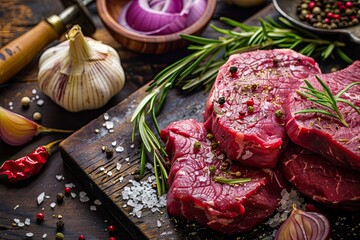 Raw Fresh Meat Beef Steak, Seasonings With Salt, Pepper, Rosemary Leaves And Red Onion