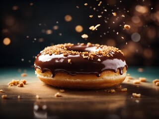 Glazed chocolate doughnut with toppings, floating in the air, cinematic food dessert photography 