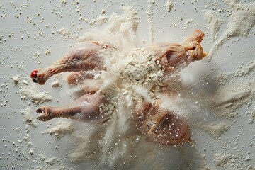 View of chicken thigh flour splatter