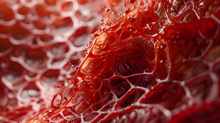 Close-up on the gastric lining, with a focus on the intricate network of blood vessels and glands secreting digestive juices. - obrazy, fototapety, plakaty