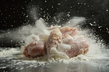 View of chicken thigh flour splatter 