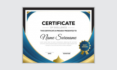 Luxury elegant blue and gold diploma certificate template vector design
