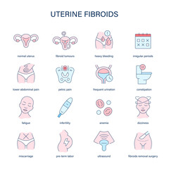 Uterine Fibroids symptoms, diagnostic and treatment vector icons. Medical icons. - 765575803