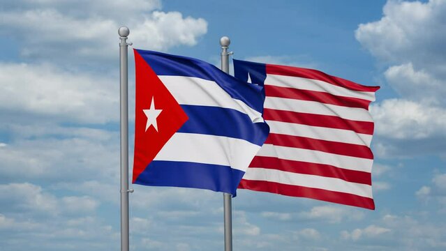 Liberia and Cuba two flags waving together, looped video, two country cooperation concept
