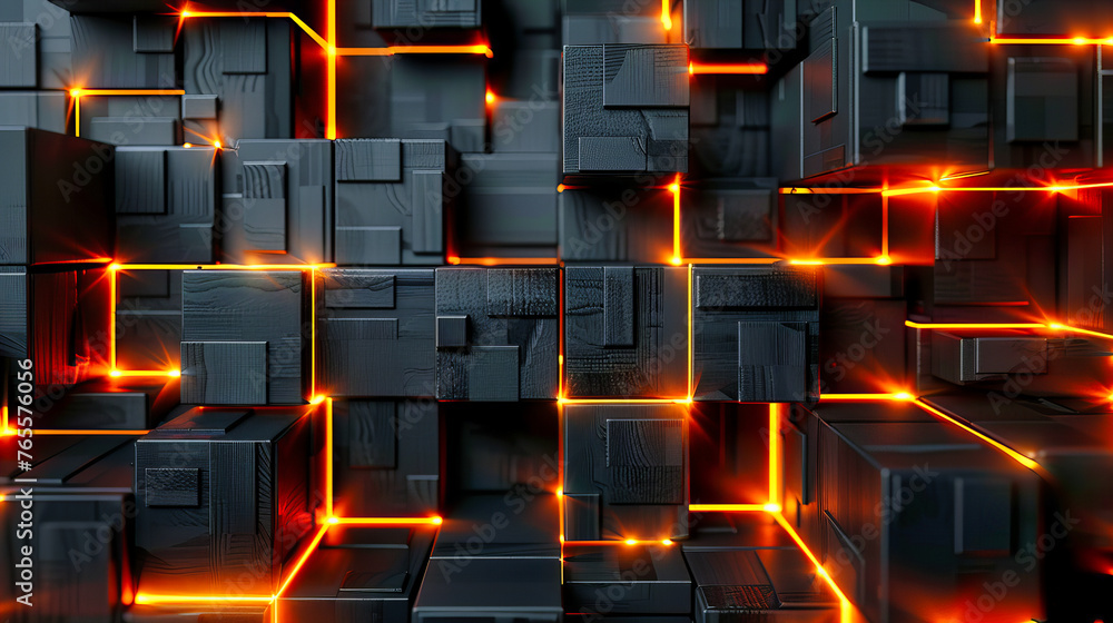 Poster digital geometric blocks in futuristic technology concept, abstract network design with bright conne