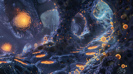 Interpretation of the stomach's interior as a mystical cavern, where digestive enzymes are visualized as glowing orbs and gastric acid flows like lava. - obrazy, fototapety, plakaty