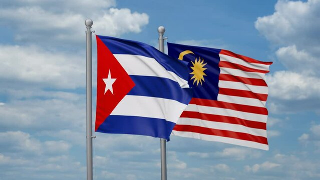 Malaysia and Cuba two flags waving together, looped video, two country cooperation concept