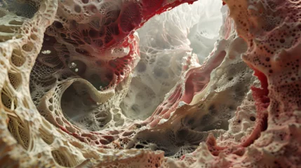 Zelfklevend Fotobehang Immersive 3D landscape of the stomach's interior, designed as a journey through its folds and cavities. The visualization highlights the stomach's role in digestion with cinematic quality. © Wanlaya