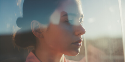 Young woman gazing out a window, her face lit by the warm golden sunlight of a setting sun