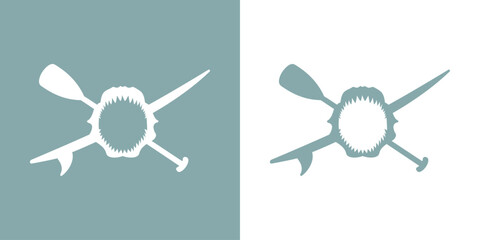 Logo club de paddle surf. Silueta de mandíbula de tiburón sobre remo y tabla de paddle surf cruzados