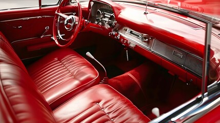 Red leather interior of vintage car - obrazy, fototapety, plakaty