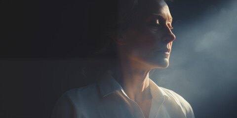 Mature woman in a white shirt, her face lit with a beam of light in a dark, misty room