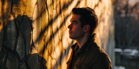 Young man in contemplation, face illuminated by the golden light of sunset against a textured wall