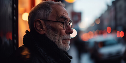 Elderly man in profile with a reflective gaze, city lights bokeh creating a backdrop of urban twilight