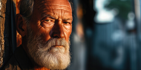 Intense gaze of an elder man with a full beard, bathed in the golden light of late afternoon