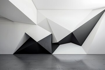Schatten und Licht: Schwarz-weiße Wand auf schwarzem Boden - obrazy, fototapety, plakaty