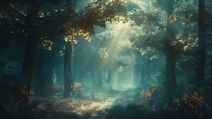 Fototapeta premium Mystical forest landscape capturing the beauty and magic of nature with a digital art style. Generative Ai