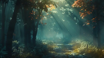 Mystical forest landscape capturing the beauty and magic of nature with a digital art style. Generative Ai - obrazy, fototapety, plakaty